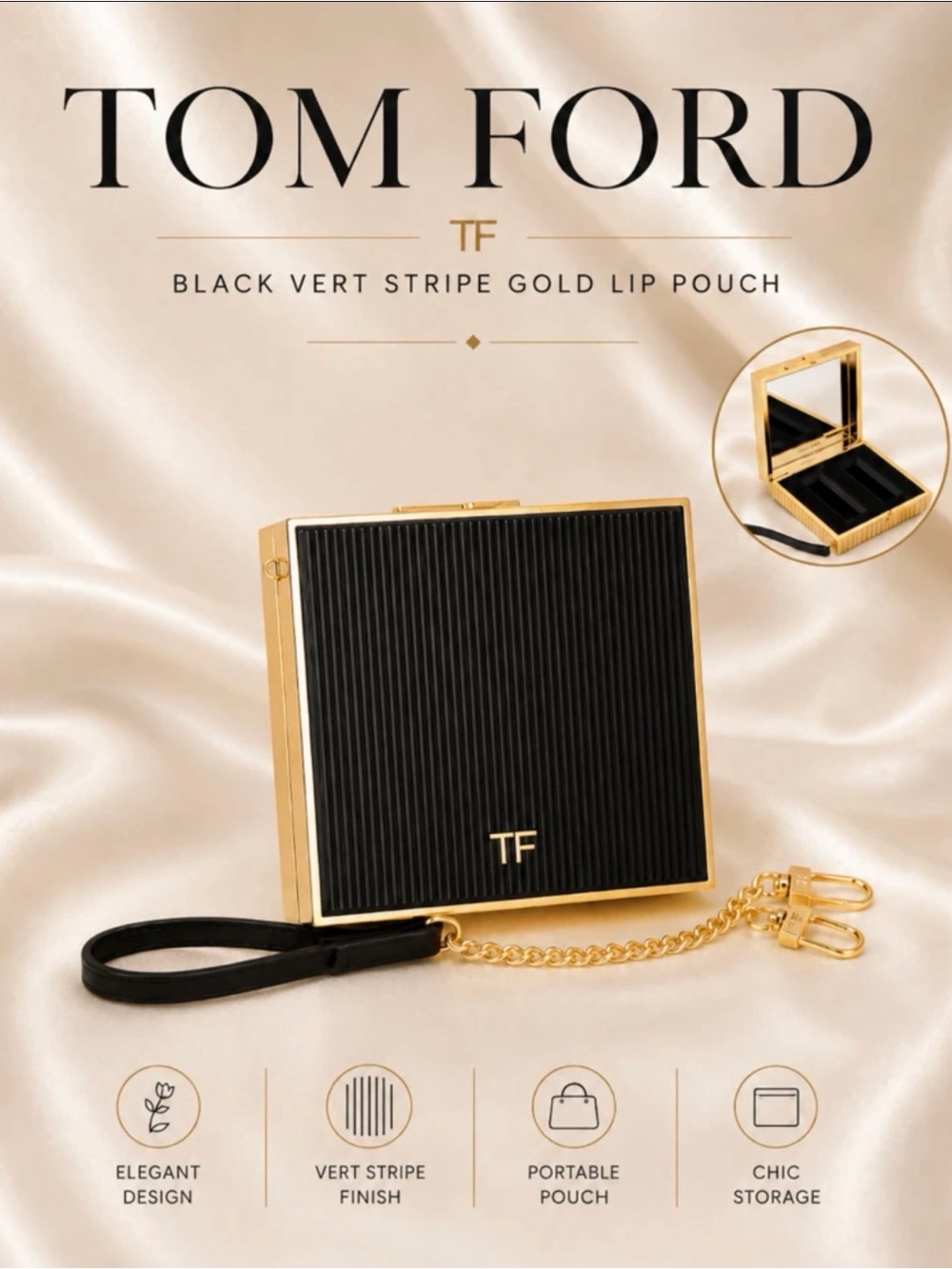 New Arrivals ! Tom Ford Black and Gold Vert Stripe Lip Pouch